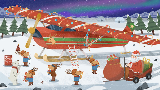 冰屋圣诞节圣诞特快飞机圣诞老人运输礼物插画