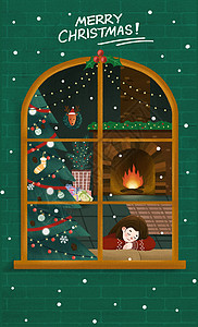 可爱圣诞字体圣诞平安夜女孩在窗边睡觉插画