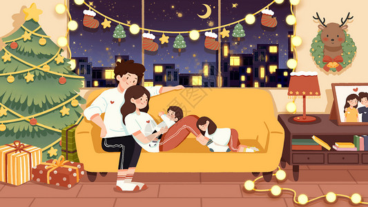 蝴蝶结铃铛一家人的圣诞节插画