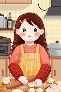 皮围裙厨房里擀饺皮包饺子的女孩插画