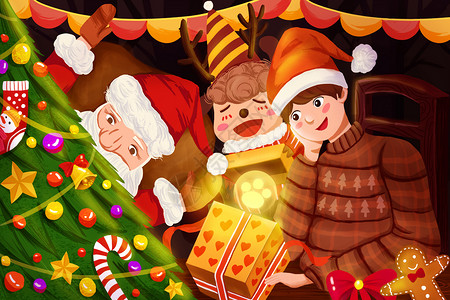 圣诞节圣诞老人驯鹿男孩打开礼物开心过圣诞节背景图片