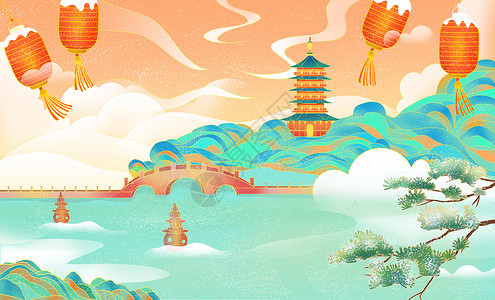 西湖矢量中国风杭州建筑风景地标冬天雪景插画插画