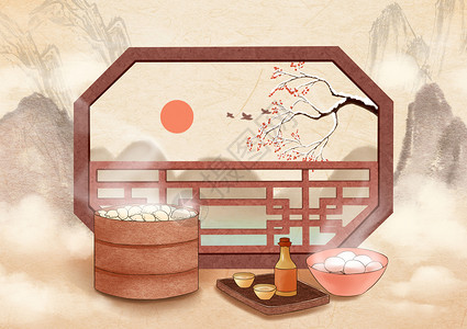 冬至中国风饺子汤圆窗框插画背景图片