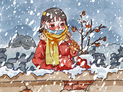 冬天下雪的时候去阳台看盆栽的戴口罩的女孩水彩画漫画背景图片