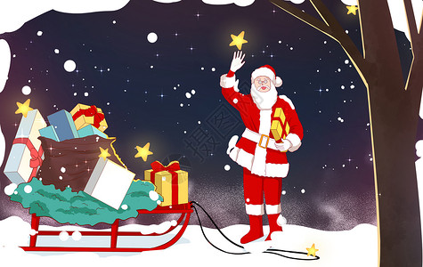 圣诞节雪橇车平安夜送礼物的圣诞老人插画