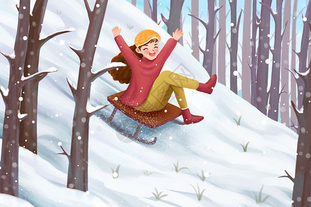 雪爬犁滑雪的女孩插画