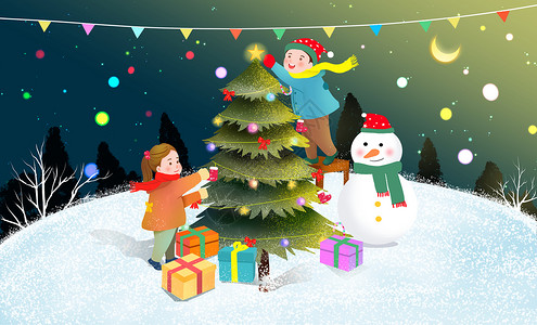 下雪天小朋友迎接圣诞节装饰圣诞树高清图片