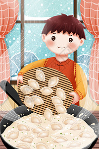 吃饺子男孩煮饺子的男孩插画