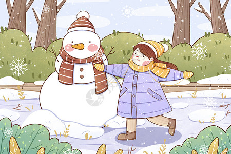 小寒女孩与雪人插画图片