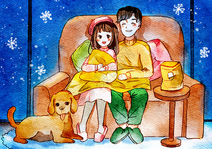 冬日居家水彩温暖冬日看电视的情侣插画
