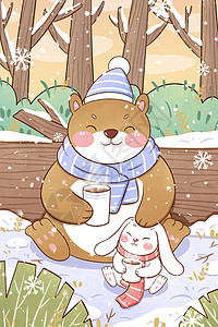 熊帽子小寒节气兔子与熊插画插画