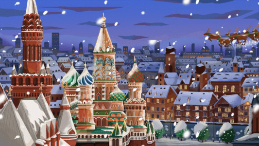 雪中城市圣诞节雪夜城市上空圣诞老人送礼物GIF高清图片