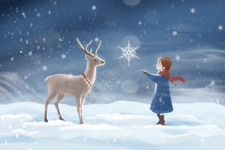 冬季动物女孩与小鹿GIF高清图片