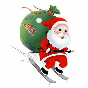 绿色底纹圣诞滑雪送礼物的圣诞老人gif动图高清图片