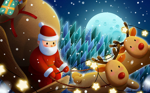 圣诞老人雪橇驯鹿星空下的圣诞老人插画