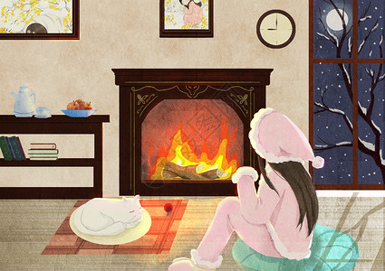 壁炉里的火大寒取暖插画