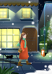冬日女孩与猫卡通插画在冬日夜晚下大雪回家的女孩插画