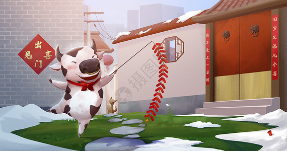 雪地里的奶牛牛年到放鞭炮插画