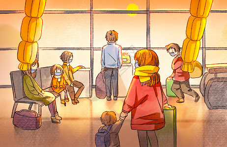 高铁候车厅夕阳下的候车厅插画
