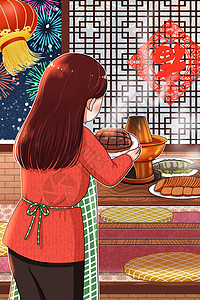 年夜饭女孩插画过年准备年夜饭插画