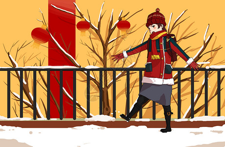 新年雪地行走插画图片