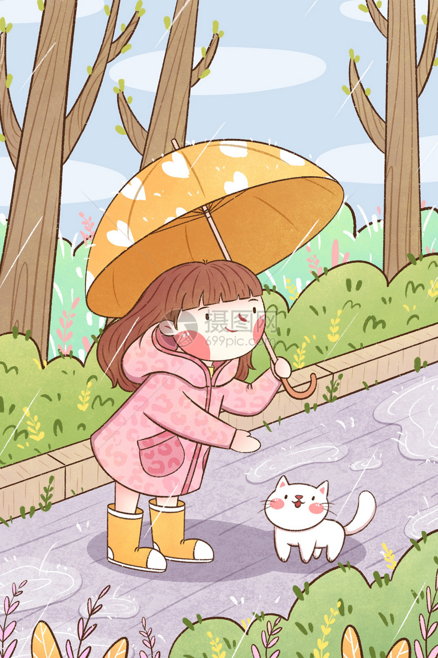 雨水女孩与猫咪插画图片