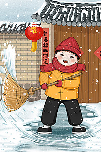 冬天门前扫雪的小孩高清图片