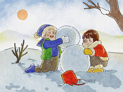 休闲活动在冬天温暖的阳光下两个小朋友在堆雪人插画