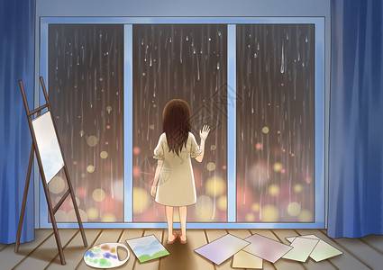 梯子窗边雨水窗边观雨插画
