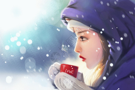 温暖咖啡大雪中的女孩gif高清图片