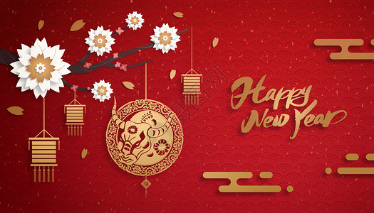 中国风红色装饰线新年贺卡设计图片