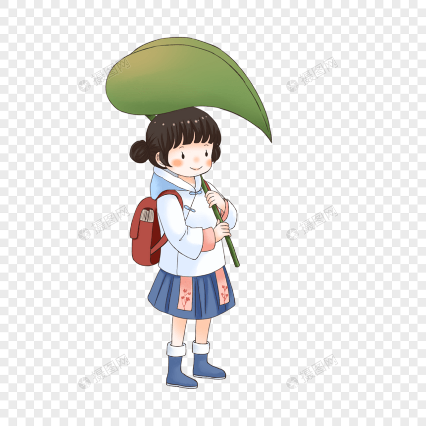 下雨顶着树叶的女孩图片