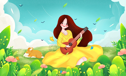 绿色吉他素材手绘春季立春春天插画