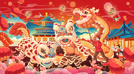 红色国风舞龙舞狮新年贺图高清图片