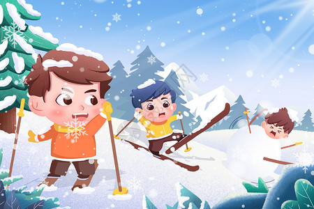 滑雪板与男孩大寒户外滑雪玩耍插画