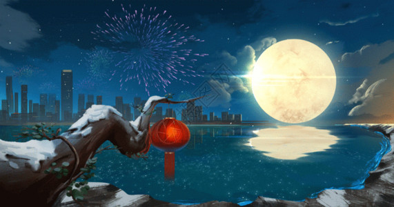 满月啦春节城市夜景GIF高清图片