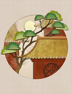 剪纸风中式建筑中国风插画背景图片