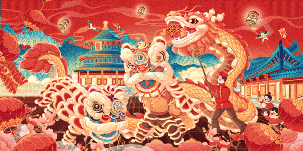 红色国风舞龙舞狮新年贺图GIF图片