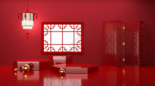 红色窗户中式新年场景设计图片