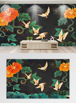 中式复古花纹复古大气国潮仙鹤图背景墙模板