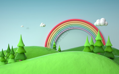 彩虹和树素材绿色春天场景设计图片