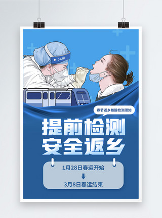 春节战役海报蓝色春节返乡核酸检测宣传海报模板