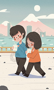 情侣散步插画背景图片