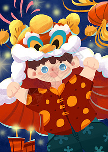 新年舞狮儿童插画背景图片