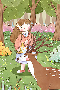 春天女孩与鹿插画背景图片