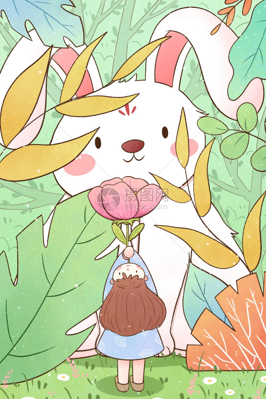 春天清新森林女孩与兔子插画图片