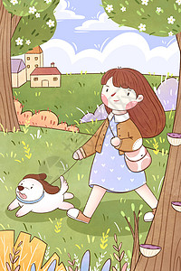 清新手绘森林女孩与小狗插画背景图片