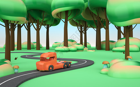 橙色小汽车3d卡通春天场景设计图片