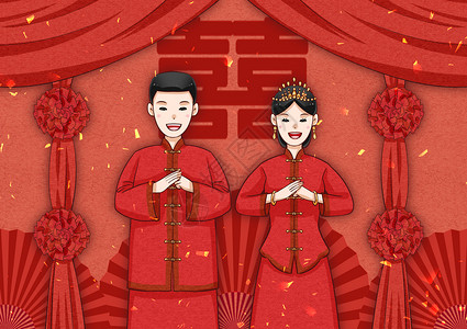 中国婚庆情人节结婚的中式情侣插画