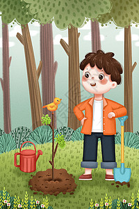 植树节草地上种树的小孩背景图片